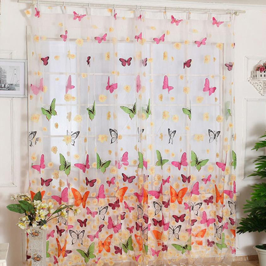 2017 Butterfly Print Sheer curtains window curtain living room glass beads curtains cortinas para dormitorio